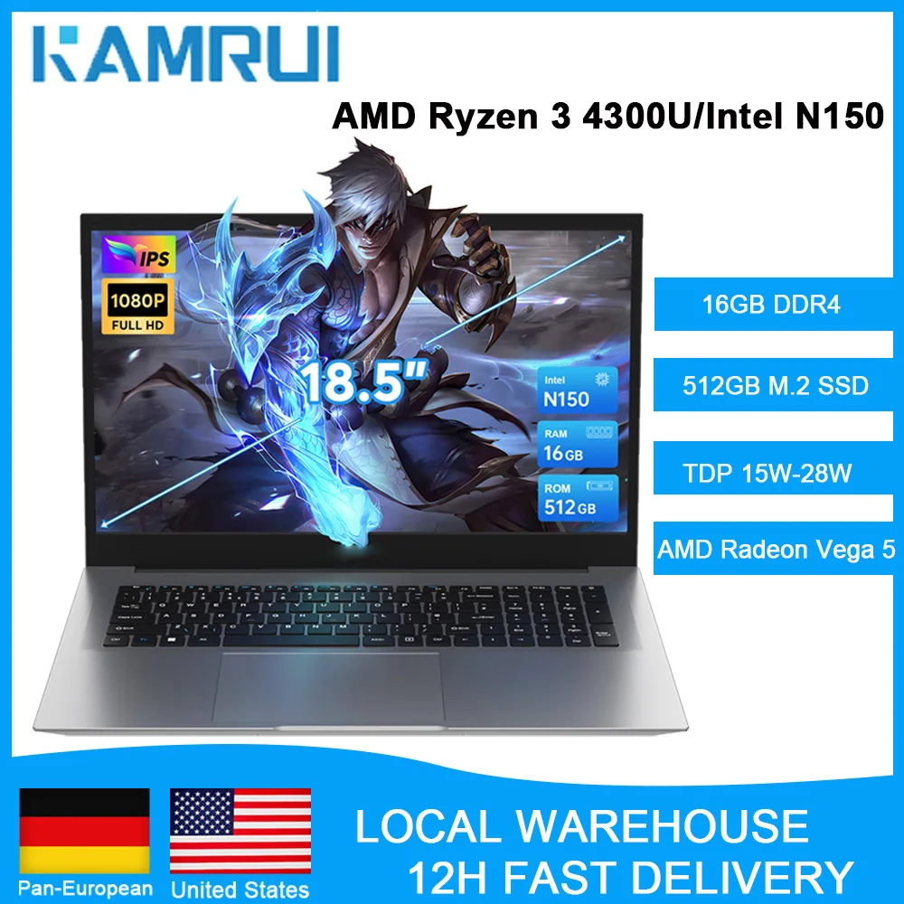 KAMRUI Laptop-Computer 18,5 Zoll FHD 7000mAh Intel N150/R3 4300U 3,7GHz Windows11 PRO 16GB DDR4 512GB M.2 SSD WiFi5 Desktop-Notebook Image