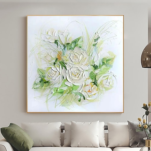 Handgefertigtes Ölgemälde auf Leinwand, Wandkunst, Dekoration, abstrakte Pflanze, Blumenmalerei, weiße Blume für Wohnkultur, gerollt, rahmenlos, ungedehnt Image