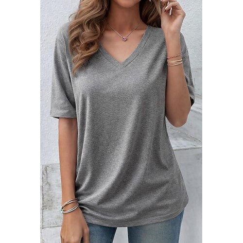 Damen Übergroße T Shirt T-Shirt Einfarbig Elegant Stilvoll Lässig Kurzarm V Ausschnitt Lange Oberteile Täglich Ausgehen Schwarz Weiß Gelb Grau Leicht Blau Sommer Frühling Image