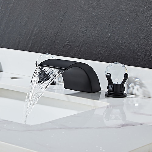 weit verbreiteter Waschbecken-Mischbatterie-Wasserfall-Auslauf, Messing-3-Loch-2-Kristallgriff-Beckenhahn-Deck montiert, Waschraum-Becken-Wasserhahn mit heißem und kaltem Schlauch Image