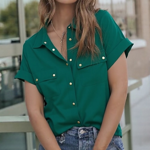 Damen Hemd Freizeithemd Knopfhemd Bluse Tasche Knöpfe Einfarbig Urlaub Mode Täglich Kurzarm Umlegekragen Normale Oberteile Täglich Ferien Strandbekleidung Weiß Grün Sommer Frühling Herbst Image