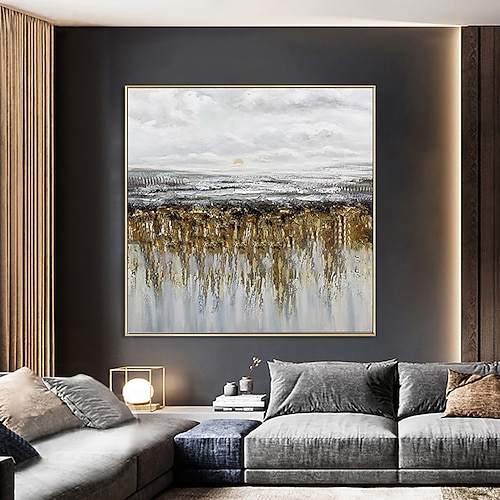 Handgefertigtes Ölgemälde auf Leinwand, Wandkunst, Dekoration, moderne abstrakte goldene Sonnenaufgangslandschaft für Heimdekoration, gerolltes, rahmenloses, ungedehntes Gemälde Image