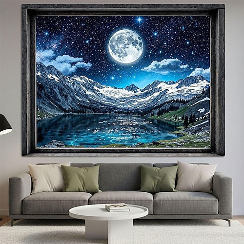 Sternenklare Nacht, Vollmond, Bergsee, 3D-Fensterblick, Wandteppich, schneebedeckter Gipfel, Kiefernwald, Landschaft, Wohndekoration, Wohnzimmer, Schlafzimmer, Wandbehang, malerische Kulisse Image