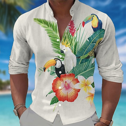 Herren Tropische Blumen Palmblatt Tukane Hemd Hawaiihemden Stehkragenhemd Langarm Hawaiianisch Lässig Strandurlaub Frühling Herbst Mandarinkragen Stehkragen 3D-Druck Hemden mit Knopfleiste Blau Wei Image
