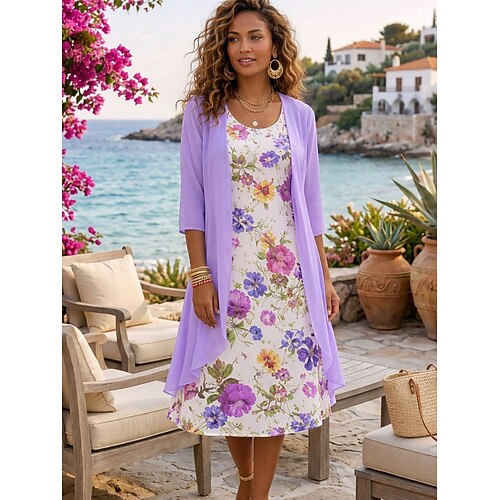 Damen Kleid-Set A Linie Kleid Elegant Urlaub Blumen Grafik Geschichtet Druck Minikleid Halbarm Rundhalsausschnitt Täglich Rosa Himmelblau Purpur Sommer Frühling Normale Passform Image