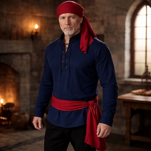 Set Retro Vintage Mittelalterlich Renaissance Kopfschmuck Taillengürtel Hemd mit Zubehör langarm Pirat Rundhals Kostüm Herren Halloween Karneval Renaissance-Messe LARP Erwachsene Hemd Kopfschmuck Image