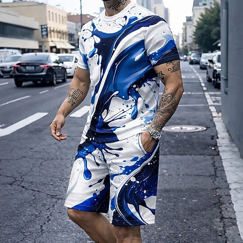 Herren Grafik 2St T-Shirts-Sets Sommeroberteile Kurzarm Kurze Hosen Rundhalsausschnitt Sport Lässig Trendy Urlaub Ausgehen 3D-Druck Sommer Blau Purpur Grün Image