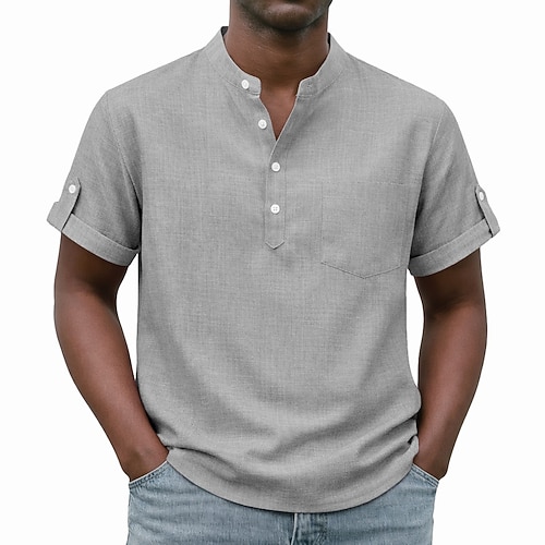 Herren Hemd Popover-Hemd Freizeithemd Knopfhemd Hellrosa Schwarz Gelb Hellgrün Rosa Kurzarm Einfach Großvaterkragen Lässig Täglich Bekleidung Elegant Mode Lässig Image