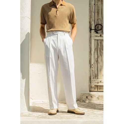 Herren Baumwolle Leinen Anzughose Freizeithose Streetwear Geschäft Elegant Formaler Stil Lässig Weiß Rosa Beige Einfarbig Figurbetonter Schnitt Lang Unelastisch Image