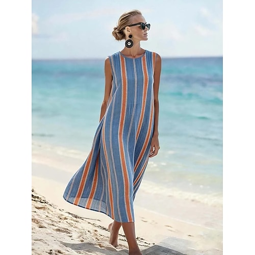 Damen Midikleid Shiftkleid Sommerkleid A Linie Kleid Urlaub Lässig Boho Strand Ausgehen Lässiger Schnitt Grafik Geometrisch Ärmellos Rundhalsausschnitt Blau Sommer Frühling Image