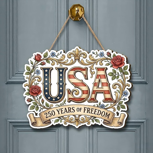 Holzschild zum 250. Jahrestag der Vereinigten Staaten, patriotischer Türhänger zum Unabhängigkeitstag, Wandplakette mit amerikanischer Flagge im Landhausstil, Dekoration für die Veranda zum Gedenktag Image