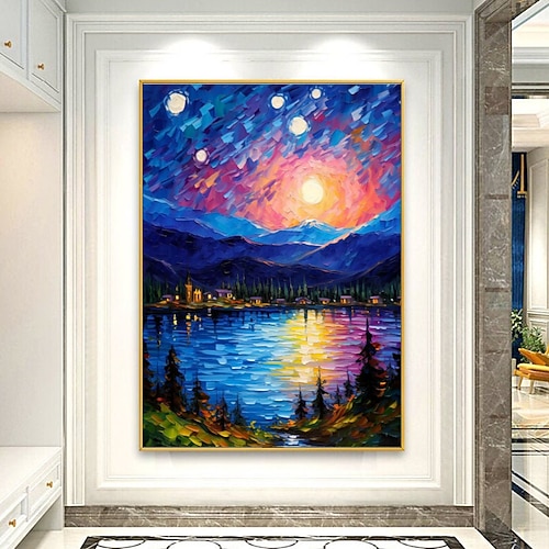 Ölgemälde von Hand, Leinwand, Wandkunst, Dekoration, abstraktes Messergemälde, Nachtszene im Van-Gogh-Stil, für Heimdekoration, gerolltes, rahmenloses, ungedehntes Gemälde Image