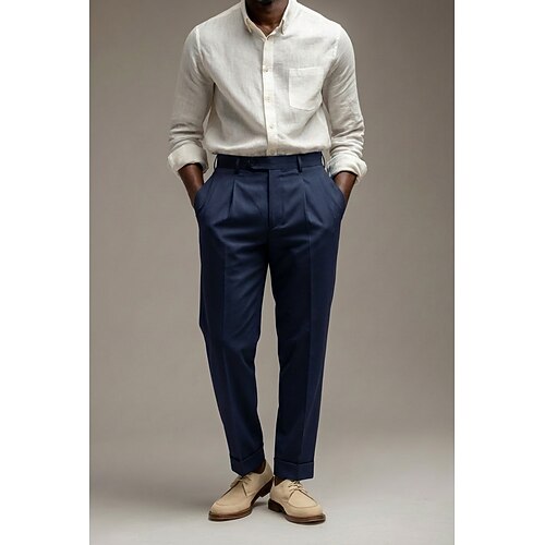 Herren Baumwolle Leinen Anzughose Freizeithose Täglich Geschäft Mode Lässig Weiß Dunkelmarine Salbei Einfarbig Normale Passform Lang Unelastisch Image