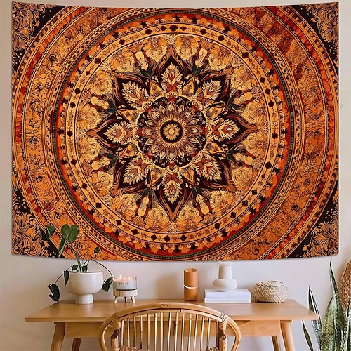 Wandteppich im Boho-Stil mit Mandala-Motiv in gebranntem Orange, aufwendiges florales Medaillon, ethnische und tribale Kunst, Dekoration für Wohnzimmer, Schlafzimmer oder Büro Image