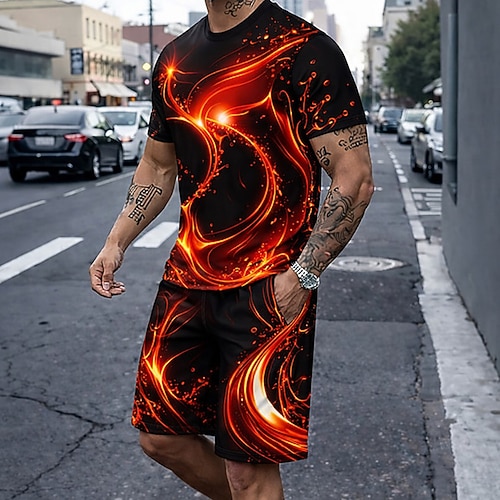 Herren Geometrisch 2St T-Shirts-Sets Sommeroberteile Kurzarm Kurze Hosen Rundhalsausschnitt Sport Lässig Trendy Täglich Outdoor Urlaub 3D-Druck Sommer Blau Rote Purpur Image