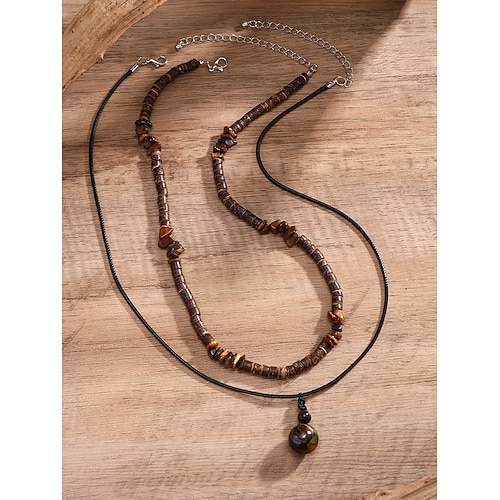 Herren-Boho-Lagenkette mit Holzperlen und Anhänger – tribal-inspirierte Doppelstrang-Kette für den Freizeit- und Strandlook Image