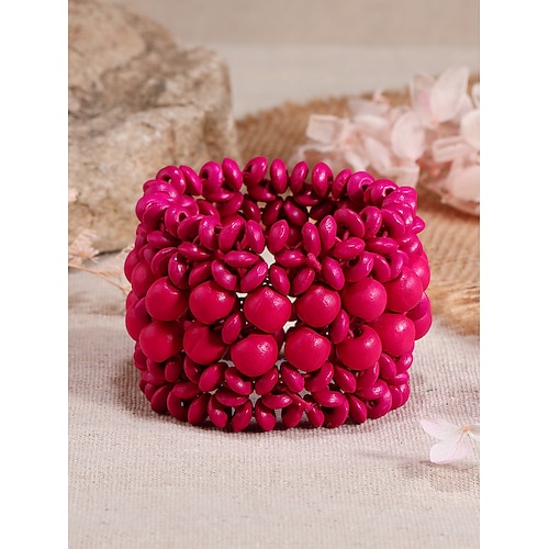 handgefertigtes Armband aus Holzperlen für Frauen - klobiges Stretcharmband im Boho-Stil, natürlicher Damenschmuck im Vintage-Ethno-Stil, Freizeit- und Strandaccessoires Image