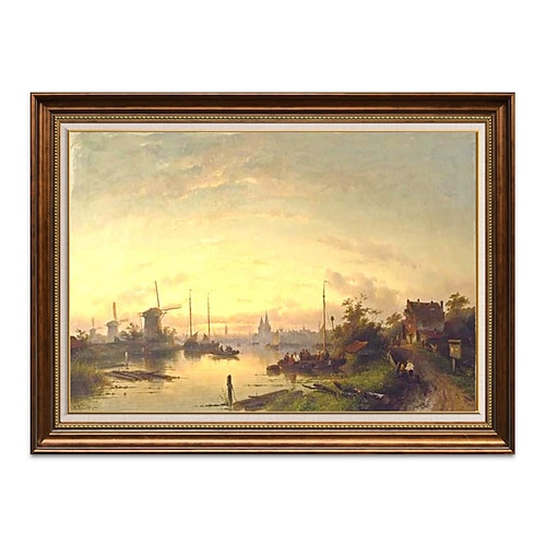 Handgefertigtes Ölgemälde auf Leinwand, Wandkunst, Dekoration, Vintage-Landschaft, Meisterwerke, Flussblick mit Windmühle für Wohnkultur, gerolltes, rahmenloses, ungedehntes Gemälde Image