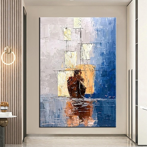 reines handgemaltes schwarzes blaues Spitzenboot-Wikingerschiff-Ölgemälde an den Wohnzimmerwänden des Gemäldes „Segeln des Sonnenuntergangs"-Gemäldewanddekoration für moderne gelbe Spitzenkunstwerke Image