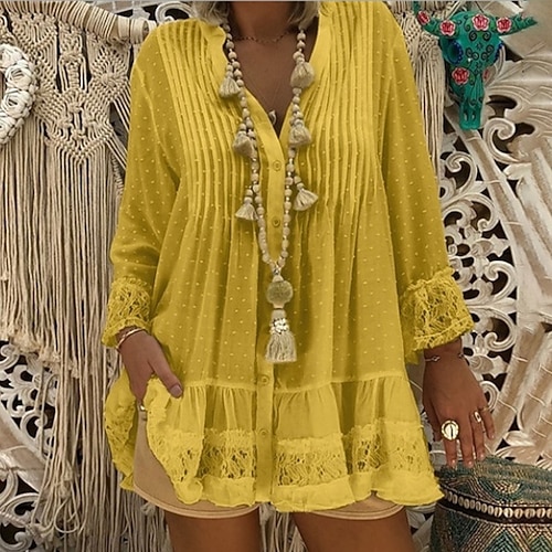 Damen Hemd Freizeithemd Knopfhemd Chiffon Tops Spitze Patchwork Knöpfe Einfarbig Urlaub Vintage Mode Langarm V Ausschnitt Lange Oberteile Täglich Ferien Ausgehen Weiß Gelb Rosa Khaki Sommer Frühling Image