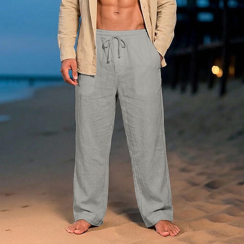 Herren Leinenhosen Sommerhose Baggy-Hosen Strandhose Kordelzug Elastischer Bund Gerader Schnitt Einfach Komfort Atmungsaktiv Knielang Lässig Täglich Ferien Urlaub Mode Blau Schwarz Unelastisch Image