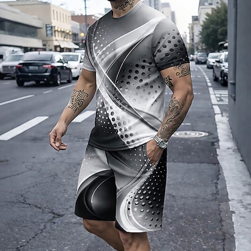 Herren Geometrisch 2St T-Shirts-Sets Sommeroberteile Kurzarm Kurze Hosen Rundhalsausschnitt Alltagstauglich Täglich Urlaub Sport 3D-Druck Sommer Blau Rote Grau Image