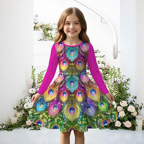 Mädchen' 3D Grafik Pfau Kleid Langarm 3D-Druck Frühling Herbst Täglich Urlaub Party Lässig Prinzessin Schön Kinder 4-12 Jahre Freizeitkleid A Linie Kleid Knielang Normale Passform Image