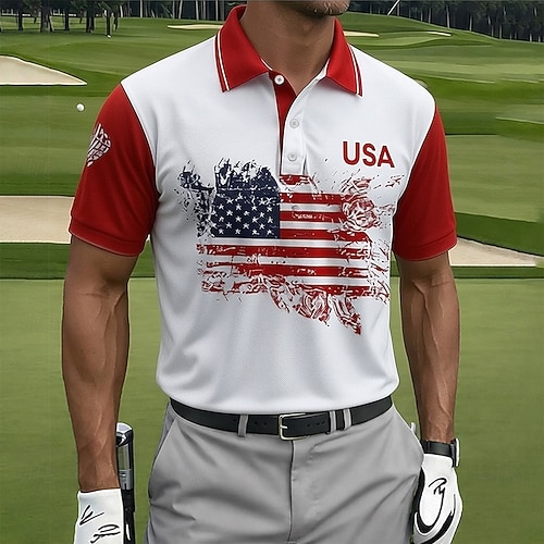 Amerikanischer Unabhängigkeitstag Herren Amerikanische US-Flagge Golf Sport-Poloshirts Kurzarm Polo-Shirts Hemden mit Kragen Lässig Athleisure Knöpfe Frühling Sommer Blau Rote Purpur Image