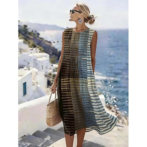 Damen Midikleid Shiftkleid Sommerkleid A Linie Kleid Urlaub Lässig Boho Strand Ausgehen Lässiger Schnitt Grafik Geometrisch Ärmellos Rundhalsausschnitt Leicht Braun Sommer Frühling Image
