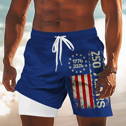 Herren 250. Jahrestag des Unabhängigkeitstages der USA am 4. Juli US Flagge 1776 Gefütterte Shorts 2 in 1 Badeshorts Badeshorts Mittlere Taille Patriotisch Ferien Seitentaschen Mit Kompressionsfutter Image