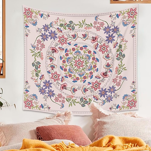 Wandteppich mit rosa Mandala-Blumenmuster, pastellfarbenen Blumen, Shabby Chic, Boho-Stil, romantische Schlafzimmerdekoration, ästhetische Dekoration für Mädchenzimmer, zartrosa Hintergrund Image