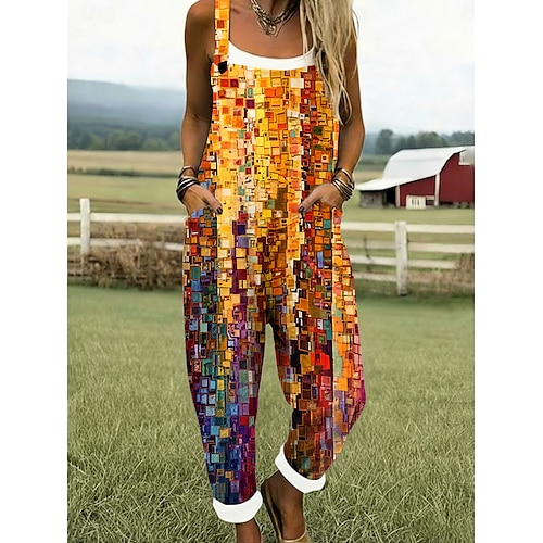 Damen Overall Aktiv Blumen Ärmellos Ärmellos Quadrathals Tasche Druck Täglich Urlaub Lässiger Schnitt Orange Sommer Image