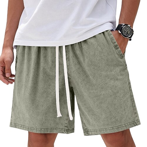 Herren 100% Baumwolle Shorts Freizeitshorts Acid Wash Shorts Tasche Elastischer Bund Gewaschen Komfort Atmungsaktiv Knielang Lässig Outdoor Strand Urlaub Mode Schwarz Marineblau Unelastisch Image