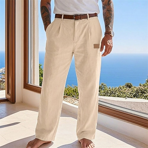 Herren Leinenhosen Hose Sommerhose Baggy-Hosen Tasche Gerader Schnitt Einfach Komfort Atmungsaktiv Volle Länge Täglich Strand Ferien Mode Klassicher Stil Blau Schwarz Unelastisch Image