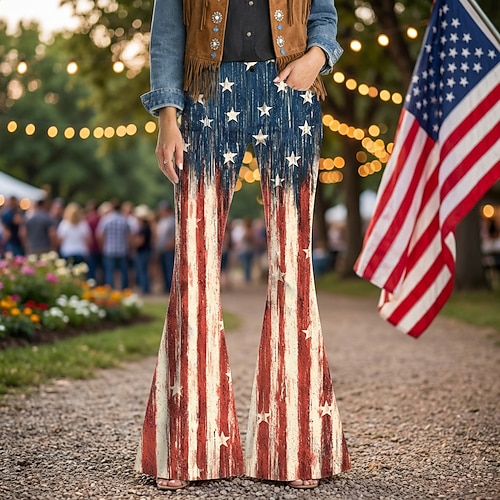 250-jähriges Jubiläum USA Retro Vintage 1970er Hose Schlaghosen Hippie Disco Hohe Taille Zickzack Kostüm Damen Maskerade 4. Juli Party Unabhängigkeitstag Erwachsene Hose Image