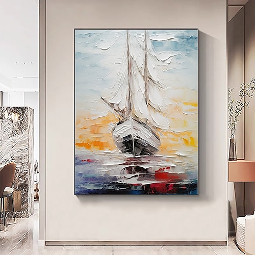 Wandkunst, großes Gemälde, handgemaltes abstraktes Segelboot-Ölgemälde auf Leinwand, original nautische Leinwand-Wandkunst, Schiffswandkunst, moderne Meereslandschaft, Ölgemälde für Wohnzimmer, fertig Image
