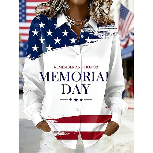Amerikanischer Unabhängigkeitstag Damen Hemd Satinhemd Druck Blumen Grafik Flagge Bohemien Vintage Stilvoll Langarm Hemdkragen Lange Oberteile Täglich Ferien Ausgehen Blau Weiß Rote Sommer Frühling Image