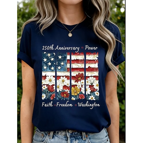 Amerikanischer Unabhängigkeitstag Damen T Shirt Druck Grafik Buchstabe Amerikanische Flagge Stilvoll Klassisch Lässig Kurzarm Rundhalsausschnitt Normale Oberteile Täglich Schwarz Weiß Rote Marineblau Image