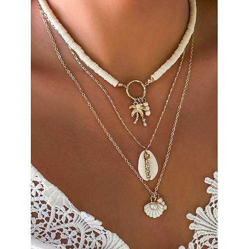 Damen-Halskettenset im Boho-Stil mit Muscheln und Perlen – türkisfarbener Anhänger im Strandstil und goldene Charms für Sommerferien und Festivals Image