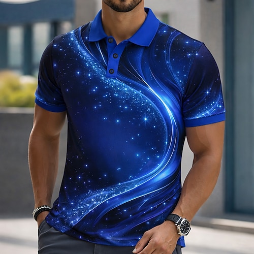 Herren Galaxie Geometrisch Poloshirts Kurzarm Polo-Shirts Hemden mit Kragen Lässig Athleisure Knöpfe Frühling Sommer Blau Purpur Grün Image
