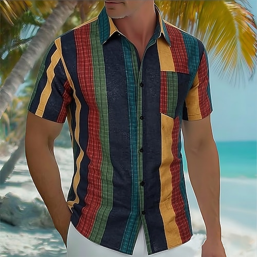Herren Bunt Gestreift Hemd Sommerhemd Knopfhemd Kurzarm Vintage-Retro Alltagstauglich Strandurlaub Sommer Umlegekragen 3D-Druck Eine Tasche vorne Leinenähnliches Hemd Dunkelblau #1 Dunkelblau Image