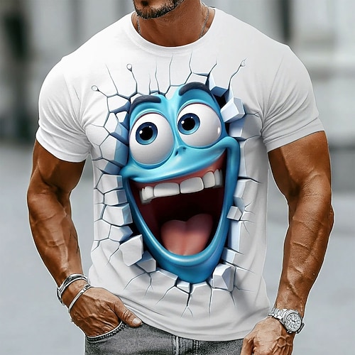 Herren Optische Täuschung 3D Lustige Emotes T Shirt Kurzarm T-Shirt 3D-Druck Rundhalsausschnitt Hemd Übertrieben Designer Täglich Club Party Blau Weiß Orange Sommer Frühling Ganzjahres Bekleidung S M Image
