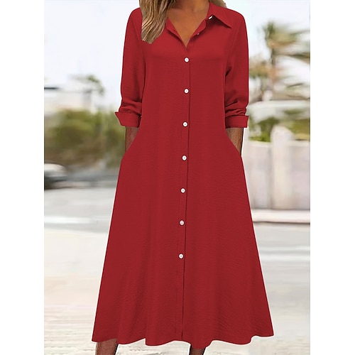 Damen-Midikleid, Hemdblusenkleid aus Baumwoll-Leinen-Imitat, lässiges A-Linien-Kleid, modisches Basic, modern, für Alltag, Urlaub, Ausgehen, normale Passform, schlicht, langärmelig, Hemdkragen, blau, Image