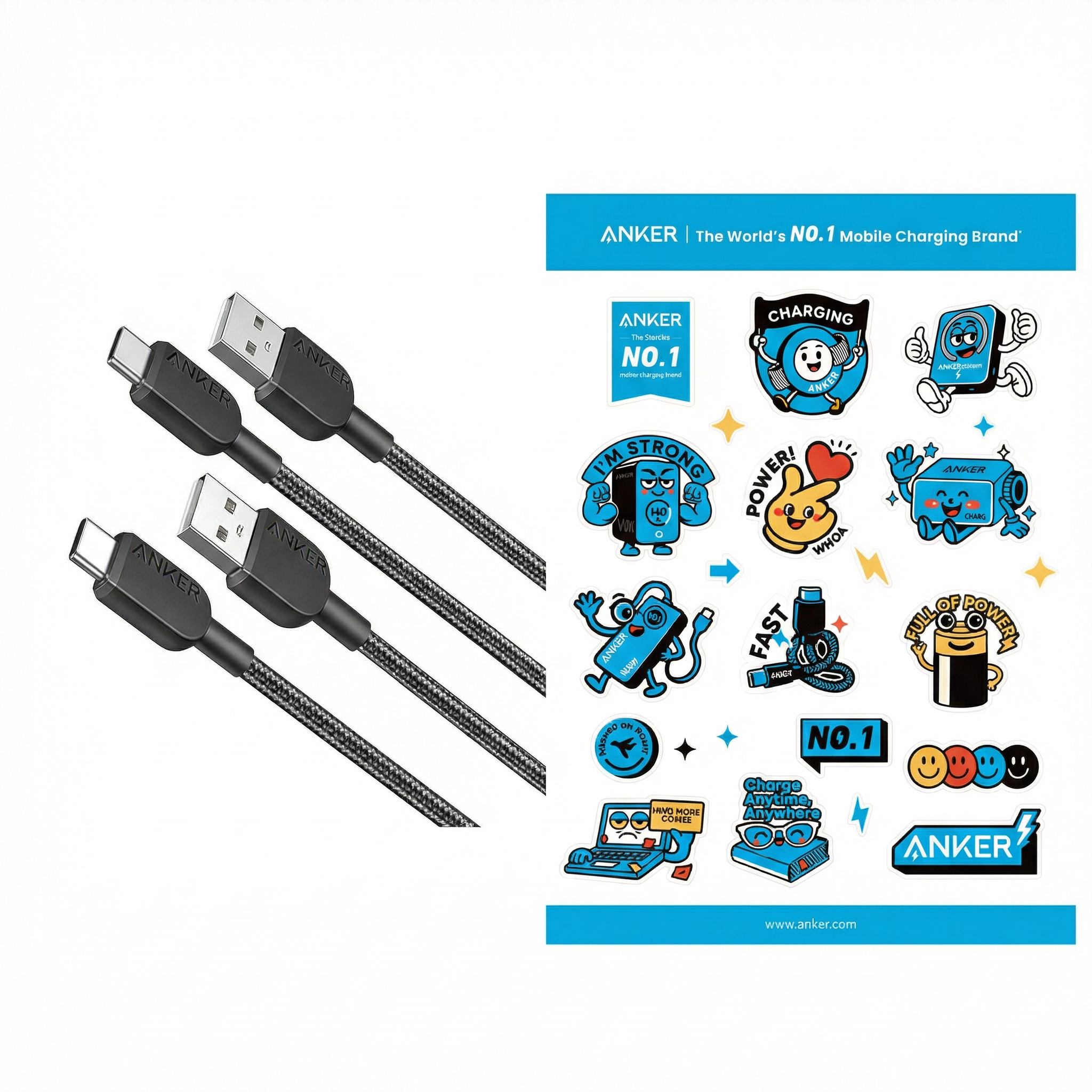 Anker USB C Kabel, 2 Stück 0,9m Ladekabel USB C Nylon Geflochten Schnellladekabel + Frühlings-Anker-Aufkleber (Frei) Image