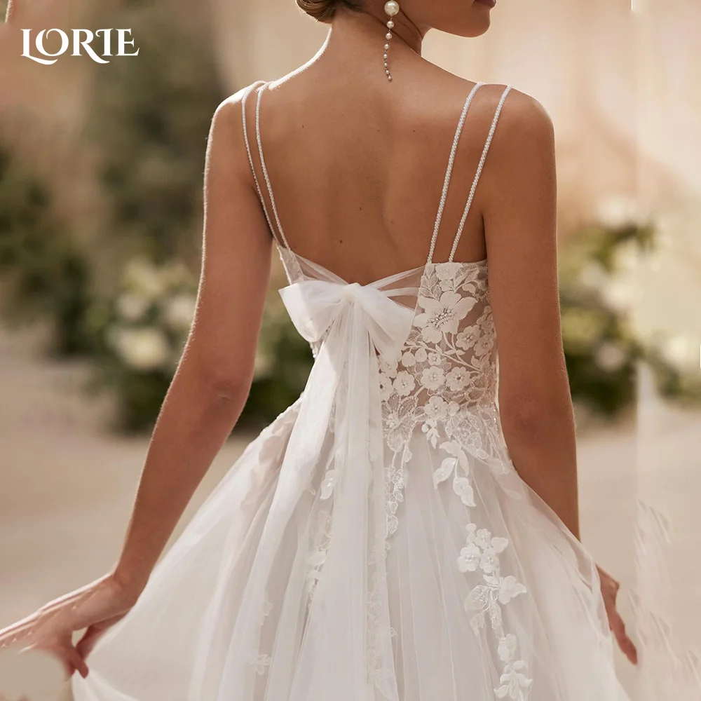 LORIE Vintage Appliques Wedding Dress Spaghetti Straps Bow V Neck Train Lace Bridal Gown Princess Shiny Bride Gown Customized