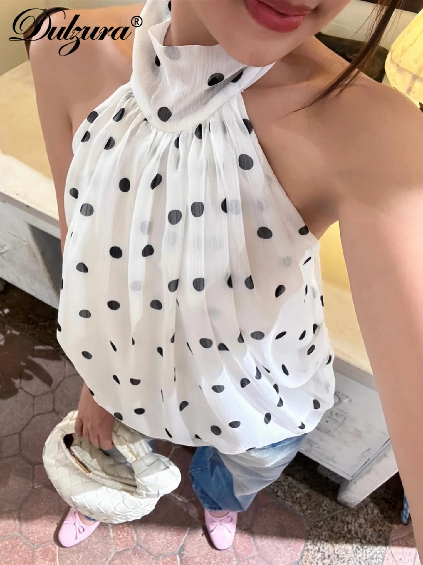 Dulzura Halter senza maniche Backless Slim Lace Up Polka Dot Print Top in chiffon Sexy elegante casual Y2K Top Party Club Summer Outfit