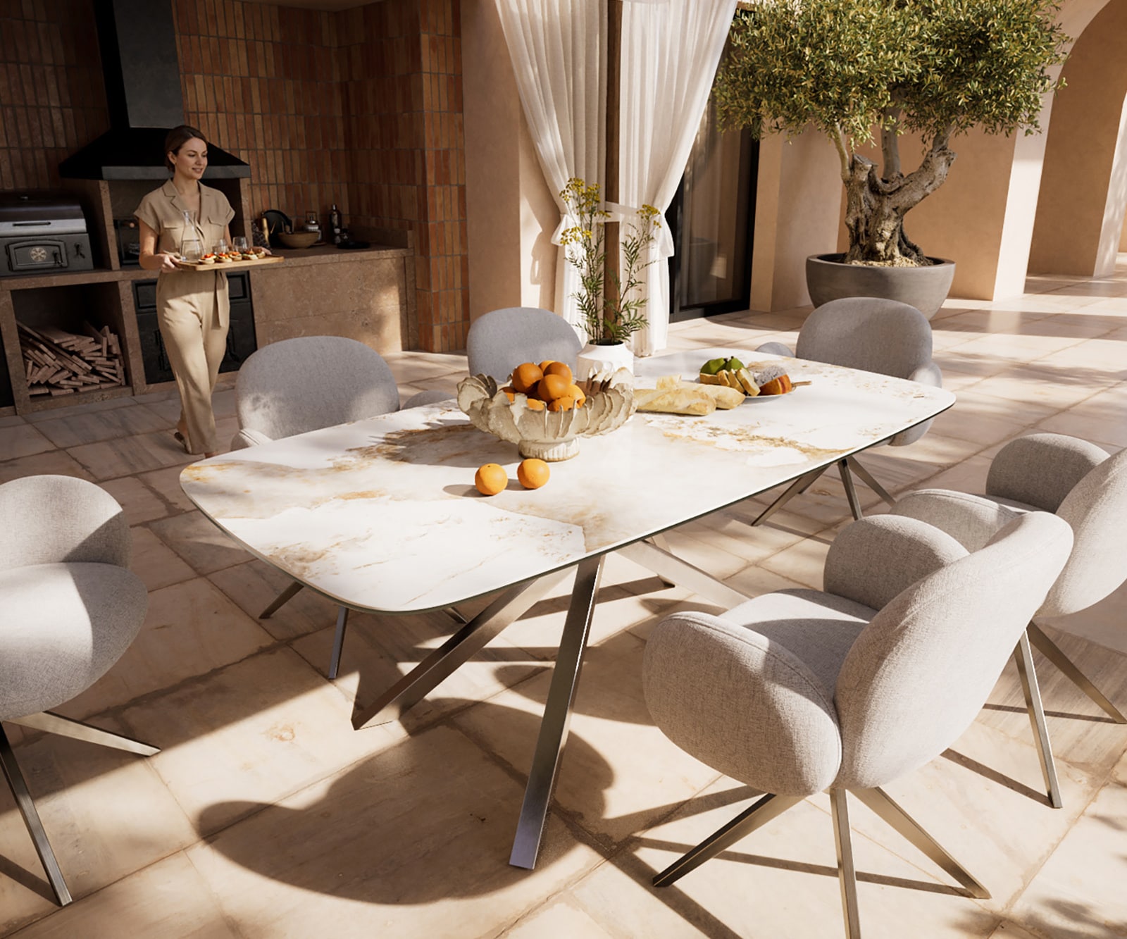 DELIFE Outdoortisch Edge Boot 200x100 cm Keramik Minas Melange Weiß-Beige Kreuzgestell Rechteck Edelstahl, Outdoortische