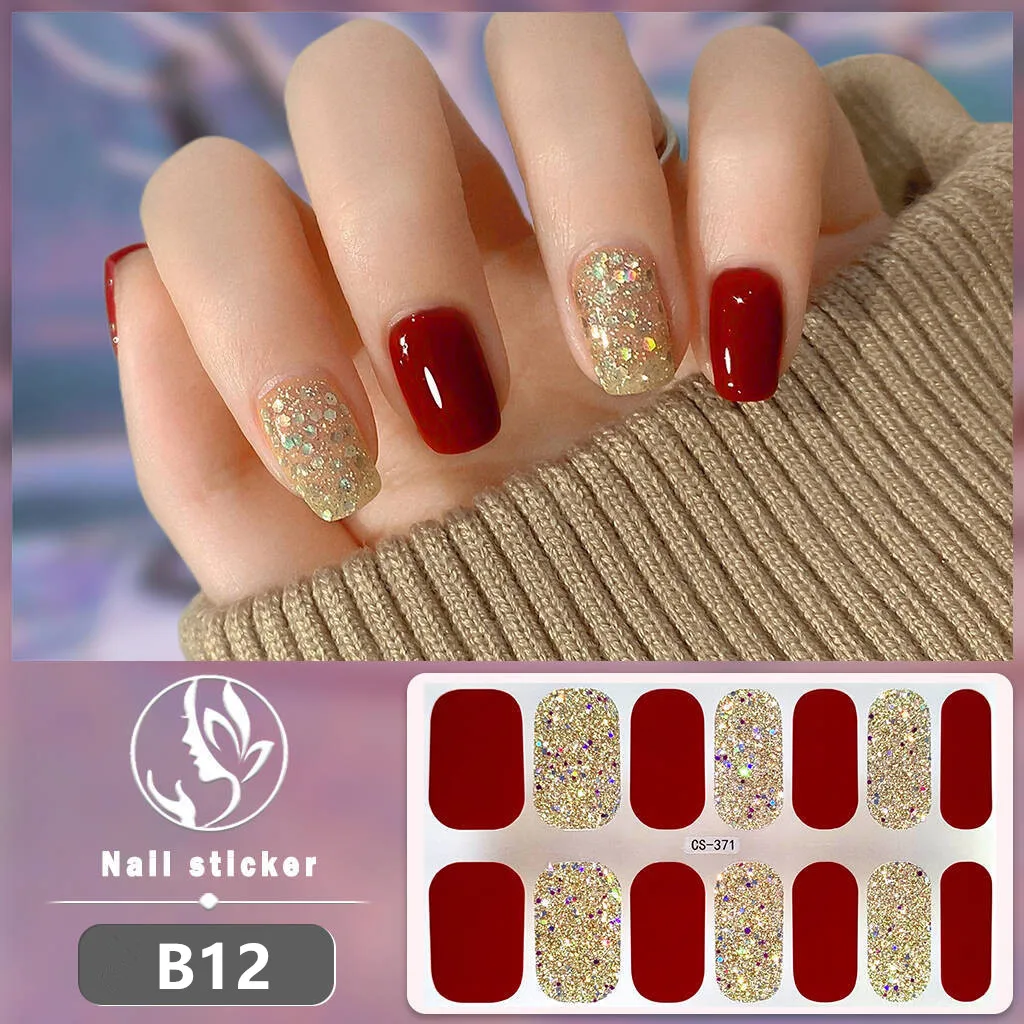 Glitzer Blau Full Cover Nagelaufkleber Solide Nagelpaste Wraps Französisches Design Schwarz Lila Rot Farbe Nagelaufkleber Maniküre Dekoration Image
