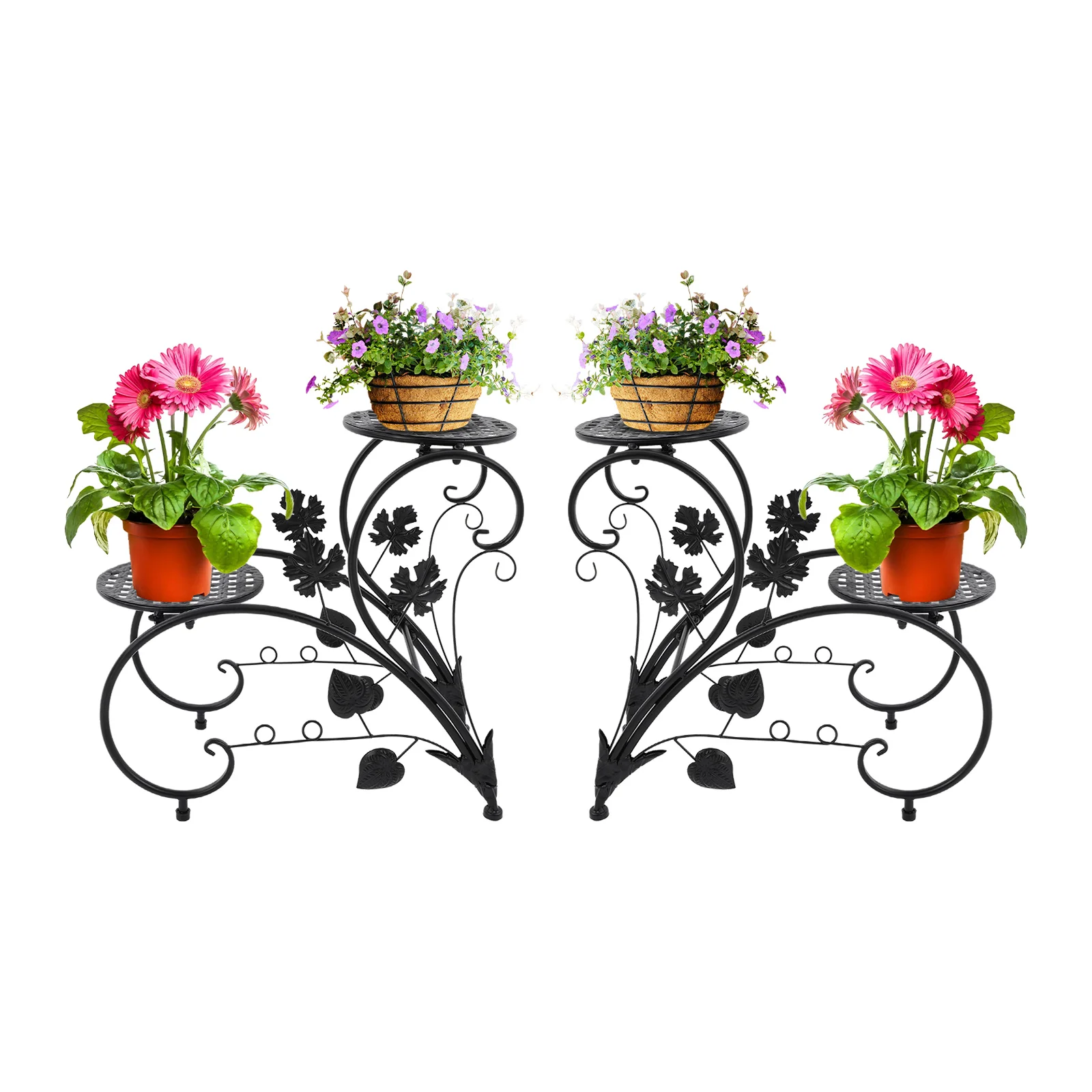 Blumenständer Metall, Blumenreppe Blumenregal 2er Set, Pflanzenregal für Balkon, Garten, Wohnzimmer, Schwarz Image