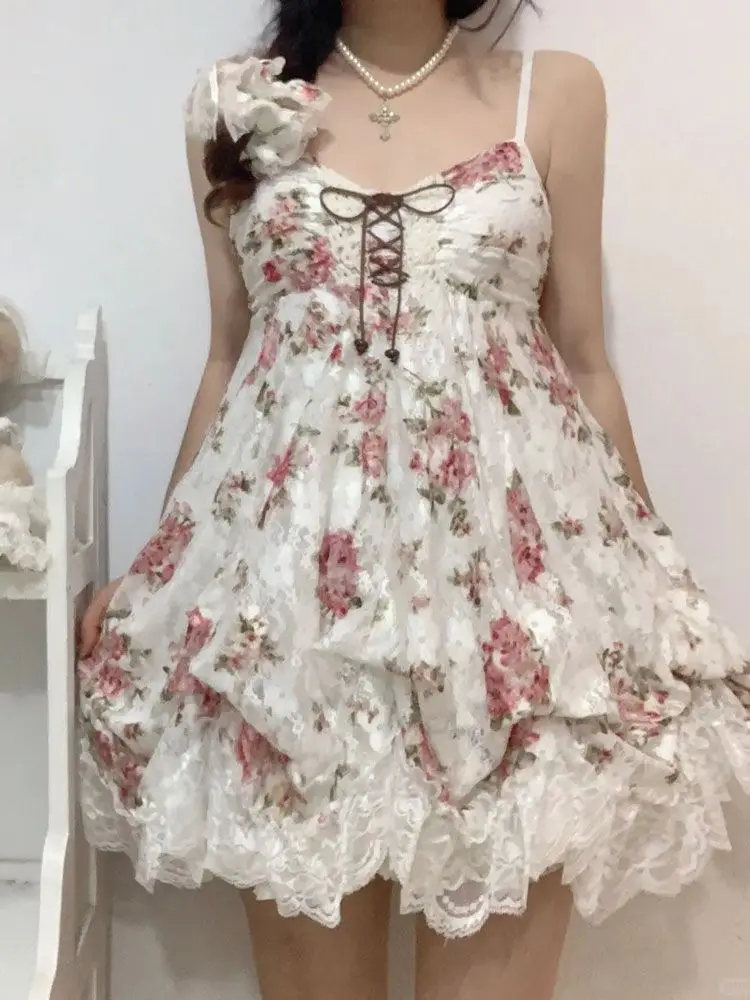 Frau Japanische Süße Spitze Blume Y2k Ästhetische Bandage Grunge Kleider Harajuku Ärmellose Patchwork Vintage Kleid Chic